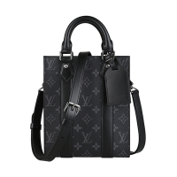 LV M46453 Sac Plat Mini 吊牌壓印LOGO Monogram Eclipse帆布搭牛皮手提斜背包(迷你/炭灰x黑)