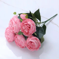 33cm Rose Pink Silk Peony Artificial Flowers Bouquet 5 Big Head an Bud Cheap Fake Flowers for Home Wedding Decor листья розы
