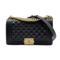 【CHANEL 香奈兒】BOY CHANEL 粒紋牛皮壓邊仿舊金鍊肩背包-25cm(A67086-黑)