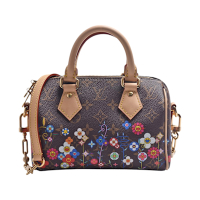 M14175  LV x TM Speedy 聯名系列小花圖騰帆布牛皮飾邊手提/肩背包(棕色)