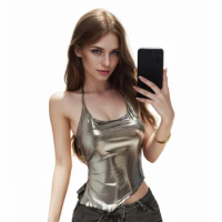 Women Summer Halter Top Backless Scroop Neck Camisole Crop Tops Female Fashion Silver Sleeveless Tops