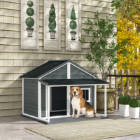 Gray Dog House Outdoor Pet House Outdoor Cabin Style Dog House, Medium Dogs, 53 lbs., 50" x 44" x 43"