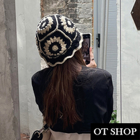 OT SHOP [現貨] 帽子 鏤空針織帽 毛帽 女款 棉質混紡 手工 黑白配色 花朵 花邊 文青 小眾設計 C2203