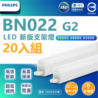 【Philips 飛利浦照明】BN022 G2 明亮LED支架燈 16W 4呎-附串接線(白光/中性光/黃光 20入組)