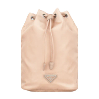 【PRADA 普拉達】PRADA三角銀牌LOGO束口尼龍手提化妝包(米)