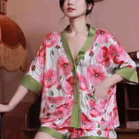 Luxury Silk Pyjamas Shorts Set Print 100% Mulberry Silk Sleepwear Loose Homewear Plus Size Two Piece Short Silk Pajama For Women
