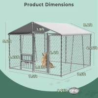 Outdoor dog house with roof and bowl, large dog house fence with side rails, heavy-duty chain dog house with open feeding door