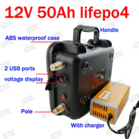 GTK Waterproof 12.8v 12v 50ah lifepo4 lithium battery USB port BMS 4S for Golf trolley caravan camping market UPS + 10A charger