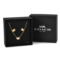 【COACH】限量禮盒 C字內鑲珍珠造型項鍊+穿式耳環雙件套裝禮盒(金色)