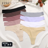 FINETOO 4PCS Ice Silk Seamless Underwear Low Waist Thongs Sexy Solid Color Bikini Underpants Female Stretch Intimates Lingerie