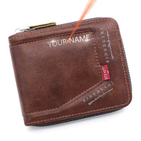 New Men Zipper Wallets Free Name Engraving Short Card Holder Brand Male Purses High Quality Photo Holder Coin Pocket Mens Wallet