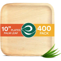 ECO SOUL 100% Compostable 10 Inch Square Palm Leaf Plates [400-Pack] I Premium Disposable Plates Set