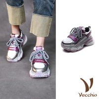 【Vecchio】真皮老爹鞋 厚底老爹鞋/真皮網布拼接厚底潮流個性老爹鞋(紫)