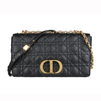 【Dior 迪奧】Dior Caro簍空立體CD字母LOGO條紋交叉縫線設計小牛皮旋釦翻蓋斜背包(黑)