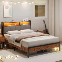 King Size Bed Frame with Charging Station and Led Lights, Metal King Bed Frame with Storage Headboard, Bed Frame