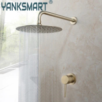 Bathroom Shower Faucet Brushed Gold With Control Valve Set Wall Mounted Chuveiro Gold Shingle Faucets Mixer Shower Head Set