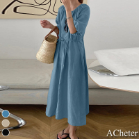 【ACheter】沖繩渡假寬鬆背系帶設計棉麻花苞袖洋裝#109439現貨+預購(3色)