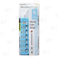 朝日電工 3P粉彩高溫斷電7開6插延長線1.5M PTP-596-15
