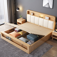 北歐實木床帶軟靠現代簡約氣壓抽屜儲物高箱主臥雙人出租房民宿床