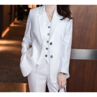 Tesco Women Elegant Suit Long Sleeve Blazer+Pants+Vest 3 Piece White Pink Outfits For Business Female New Pant Sets 2024