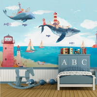 海景墻紙卡通壁紙地中海風格臥室背景墻壁畫兒童房墻布游樂園壁布