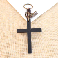 復古鑰匙扣 手工真牛皮鑰匙扣木質耶穌十字架掛件時尚創意鑰匙扣