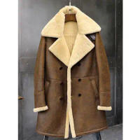 Mens Brown Shearling Jacket B3 Flight Jacket Sheepskin Aviator Long Mens Winter Coats Fur Bomber Leather Jacket Trench Coat