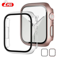 Tempered Glass+cover For Apple Watch 9 8 44mm 40mm 42mm 41mm 45mm 2Pcs PC bumper Screen Protector Case iWatch series 7 6 5 3 se