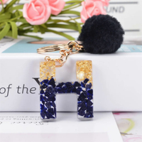 Black Pompom Letter Keychain Glitter Gradient Resin A-Z Initials Alphabet Keyring Pendant Women Hand
