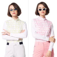 【Lynx Golf】女款吸溼排汗兩袖網布剪裁滿版品牌印花山貓膠標長袖立領POLO衫/高爾夫球衫(二色)