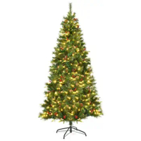 5Ft/6Ft/7Ft Pre-lit Hinged PE Artificial Christmas Tree w/ LED Lights &amp; Pine Cones