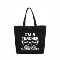 Techer Superpower Printed Tote Bag Gift for Teacher's Day Women Female Funny Letters Bag Book Bag Work Bag Large Capacity