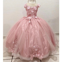 Pink Vestido De 15 Años Princess Flower Girls Dress 3DFlower Applique Beading Mexican Child Dress Bead First Communion