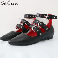 Sorbern Black Matte Gladiator Women Flat Shoes Pointed Toe Eyelets Flats Plus Size Eu 46 47 48 Unisex Footwear