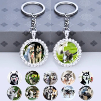 Siberian Husky Keychain Glass Cabochon Rhinestone Pendant Keyring Cute Dog Pet Key Chain Animal Jewelry Bag Accessories
