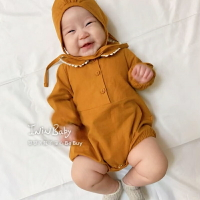 【正韓童裝】貝貝素色翻領包屁衣(含帽) 台灣現貨 嬰兒童裝 嫩嬰首選