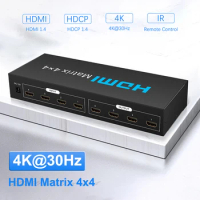 HDMI Matrix 4x4 HDMI Splitter Switch 4K30Hz HDMI Matrix Switcher 4 In 4 Out Box with IR Remote Control for TV Monitor