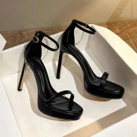 New Summer Black High Heel Shoes With Hollow Stiletto Heel Waterproof Platform Buckle Sandals Women'