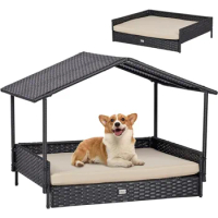 2-in-1 wicker dog house, indoor/outdoor elevated dog bed with removable canopy, breathable, shaded, waterproof and non-slip feet