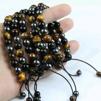 Gelang Serut Rajut 3 Batu Hitam Bio Magnet & Tiger Eye Terapi Kesehatan Guardian Stone Pria & Wanita