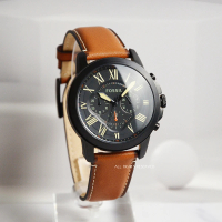 【FOSSIL】Grant 棕皮革錶帶 黑殼三眼計時手錶 男錶 母親節(FS5241)