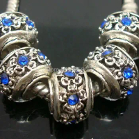 20pcs Royal blue Flower Fashion Tibet Silver Plated Spacer Alloy metal Rhinestone Beads fit Europan Charm Bracelet DIY making
