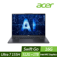 ACER 宏碁 SFG16-72-710T 16吋效能筆電 (Ultra 7 155H/16G/512G+1TB PCIe SSD/Win11/特仕版)