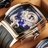 REEF TIGER Men’s Luxury Tonneau Skeleton Dragon Dial Mechanical Automatic Watch Self-Winding Lumious Waterproof reloj de hombre