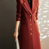 Yitimuceng Long Blazer for Women 2023 Fall Winter Office Lady Elegant Slim Jacket Turn Down Collar Single Breasted Solid Coats