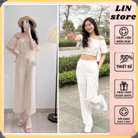 CC Set đồ đi biển,áo trễ vai kèm quần sang chảnh,đi chơi Linstore