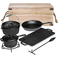 Bruntmor Camping Cooking Set 7. Pre Seasoned Cast Iron Pots And Pans Dutch Oven With Lids Outdoor Grill Cookware Skillet Sets