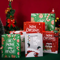 Portable Green Red Christmas tree snowman Santa bell Merry Christmas letters pattern printed paper bags for gift shopping mall