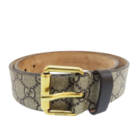 【二手名牌BRAND OFF】Gucci古馳 棕色 PVC塗層帆布 雙G 蛇圖騰 腰帶 皮帶 85CM