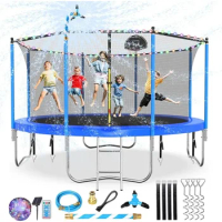 12FT Trampoline for Kids and Adults, Large Outdoor Trampoline with Stakes, Light, Sprinkler, for 4-6 person Trampoline